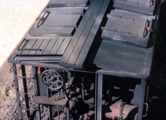 Scratchbuilt 50-ton covered hopper. Model built in the early 1970s. It was featured in the Model Railroader magazine.
